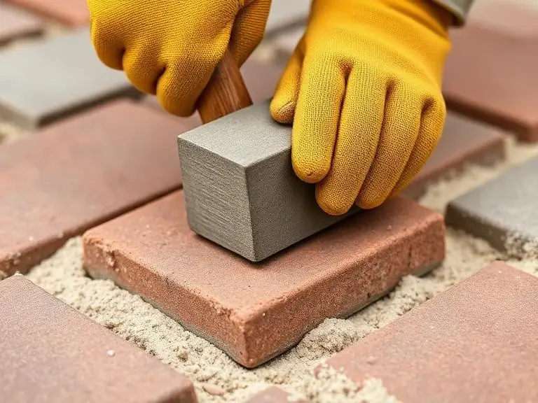 Close-up of a landscaper's gloved hands tamping a block paving brick into a sand bed with a rubber mallet during driveway or patio works in Wokingham Berkshire