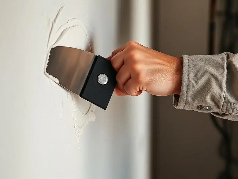 Close-up of a tradesman's hand applying filler to a wall with a wide stainless steel scraper during a home renovation in Wokingham Berkshire