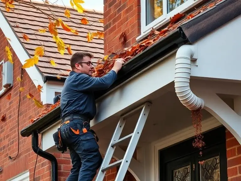 Tradesman on a ladder clearing autumn leaves and debris from a black guttering system on a red brick house in Wokingham during routine property maintenance works