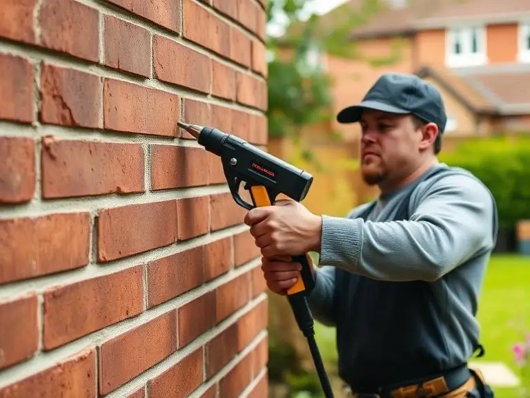 Property maintenance tradesman using a mortar pointing gun to repoint red brick joints on a residential house in Wokingham with a suburban garden visible in the background
