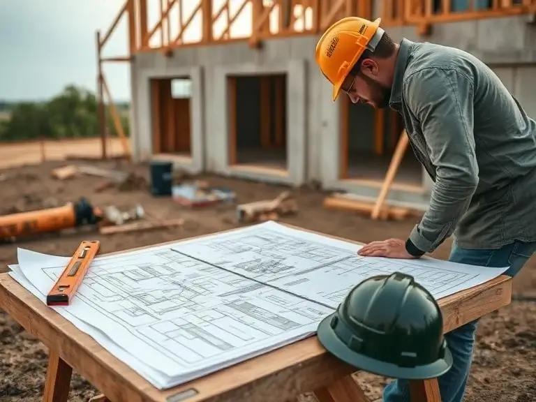 Site manager in a hard hat reviewing architect's construction drawings on a timber table at a new build or self-build project in Wokingham with block and timber frame structure visible in the background