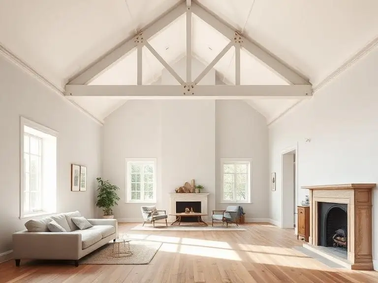 Completed structural alteration in a Wokingham property with vaulted ceiling, exposed white painted timber trusses, original fireplace retained and open plan living space with oak flooring and natural light