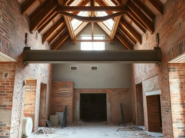 Interior of a building under structural alteration in Wokingham showing exposed red brick walls, timber roof trusses, steel RSJ beam and open roof lantern with natural light flooding through during construction phase