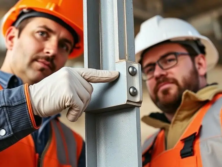 Two builders in hard hats and hi-vis vests inspecting a structural steel RSJ column connection during building works in Wokingham with one pointing at the bolted joint detail